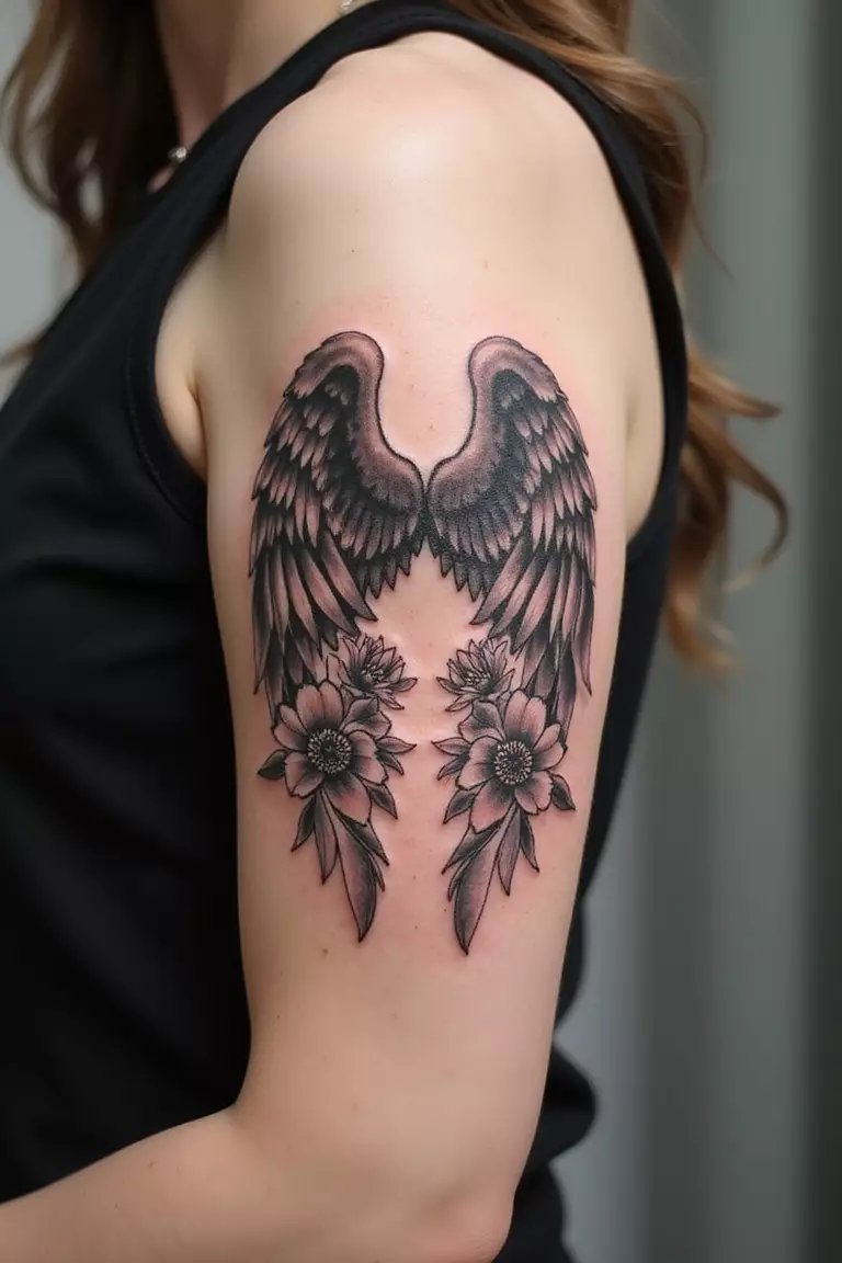 Angel Wings with Flowers A close-up shot of a woman's arm with a black ink tattoo of angel wings with flowers.