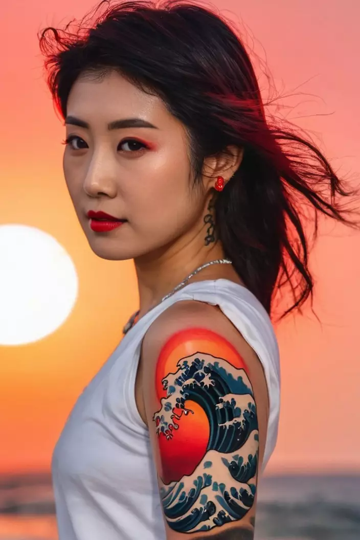 A photo of a woman with a Japanese wave tattoo framed by a red sun on her arm.  