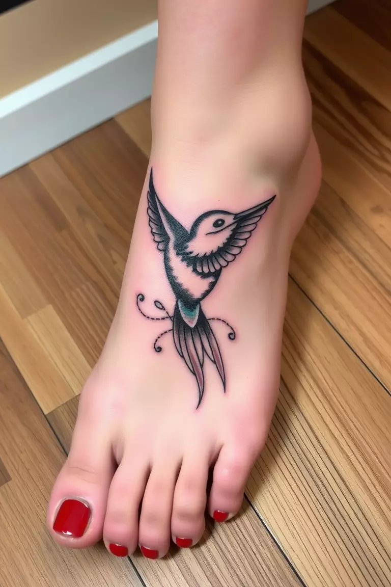 Traditional Hummingbird Tattoo Design on Foot A photo of a woman with a traditional hummingbird tattoo design on her foot, showing classic tattoo style