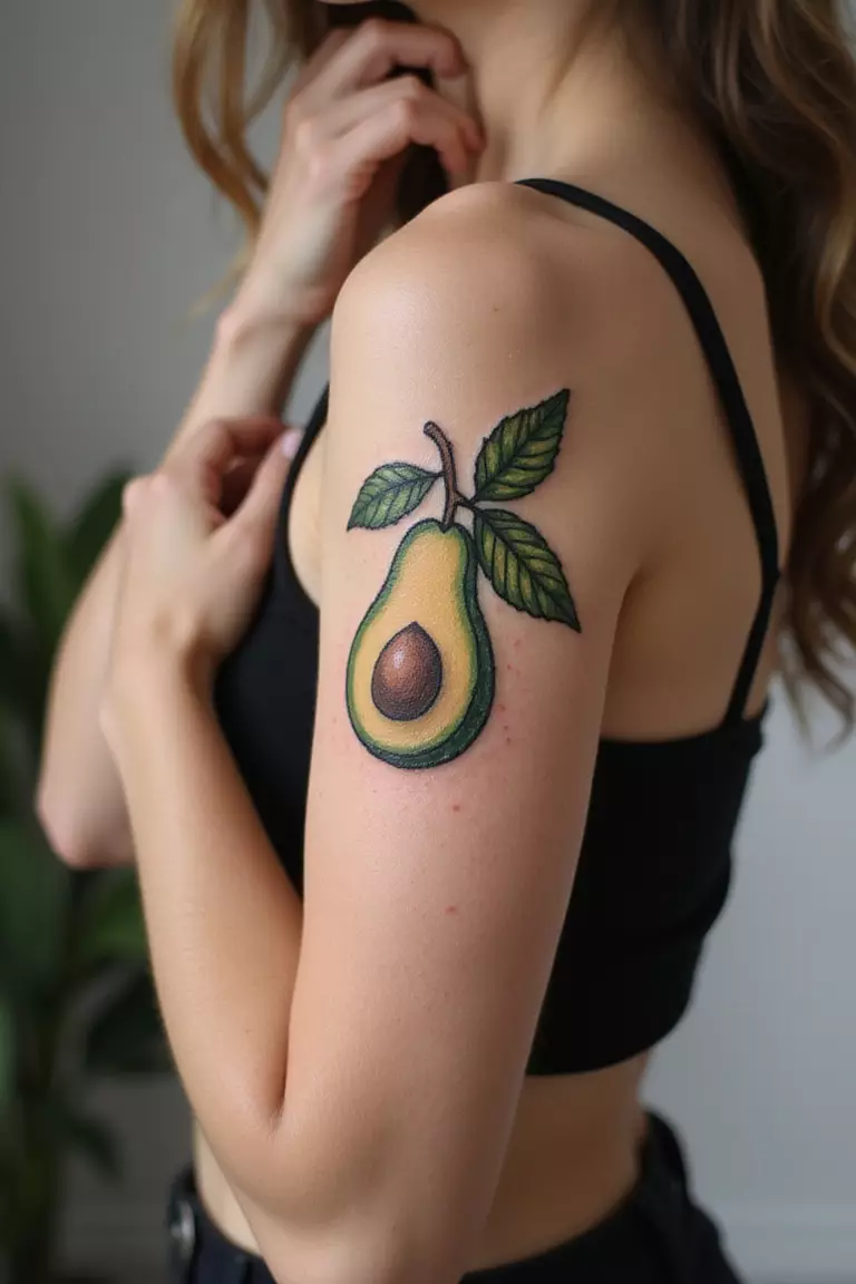 A close-up shot of a woman showing her black ink unique avocado tattoo on her arm