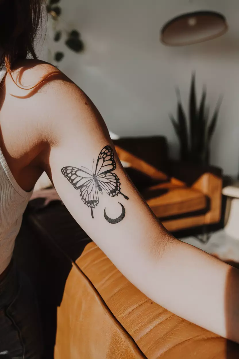 A close-up photo of a woman showing her black butterfly tattoo with a crescent moon, representing mystery and the connection between nature and the cosmos, tattoo design, living room background