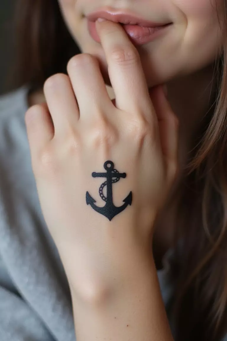 A close-up shot of a woman showing her black ink small simple anchor tattoo design on her finger