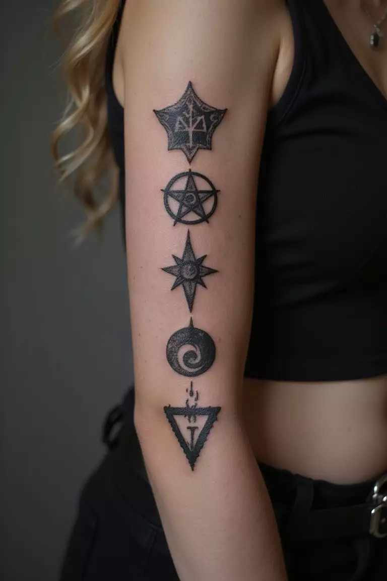 A close-up shot of a woman's arm with a black ink tattoo of occult symbols.