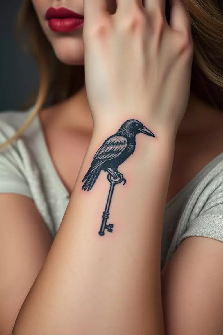 A photo of a woman showcasing a crow holding a key tattoo on her wrist, symbolizing mystery and secrets.  