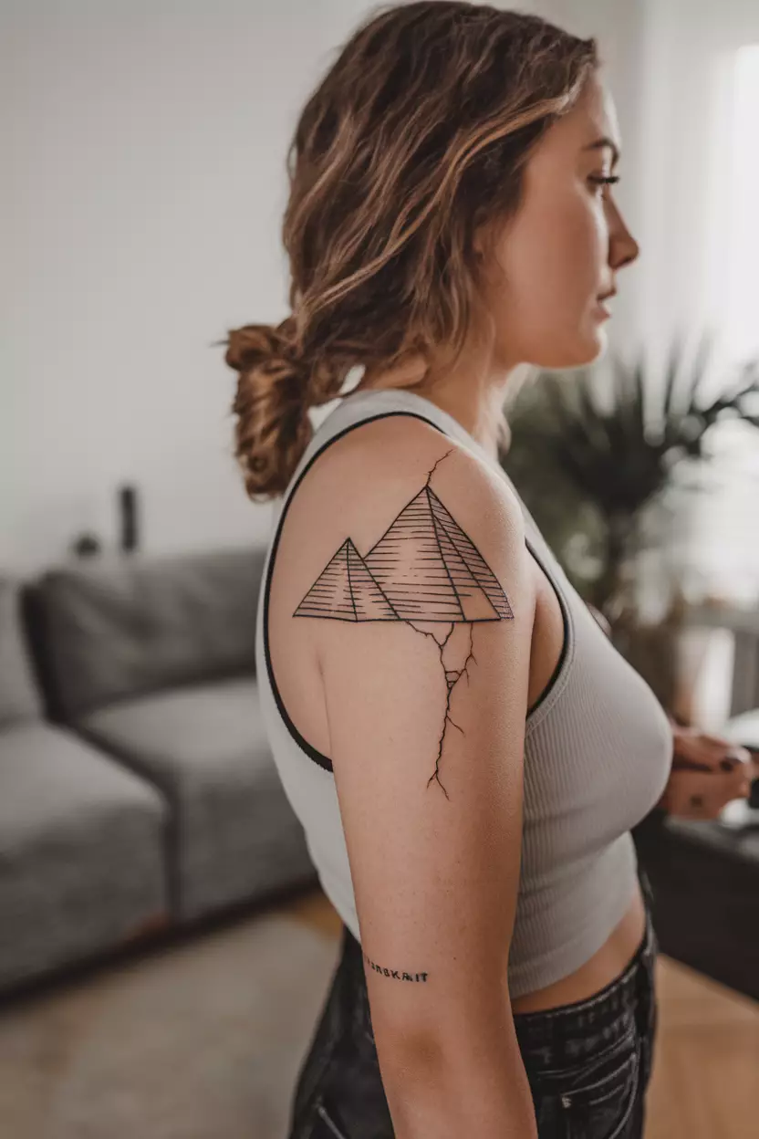 Minimalist Pyramids of Giza Tattoo A photo of a woman with a minimalist Pyramids of Giza tattoo, living room background