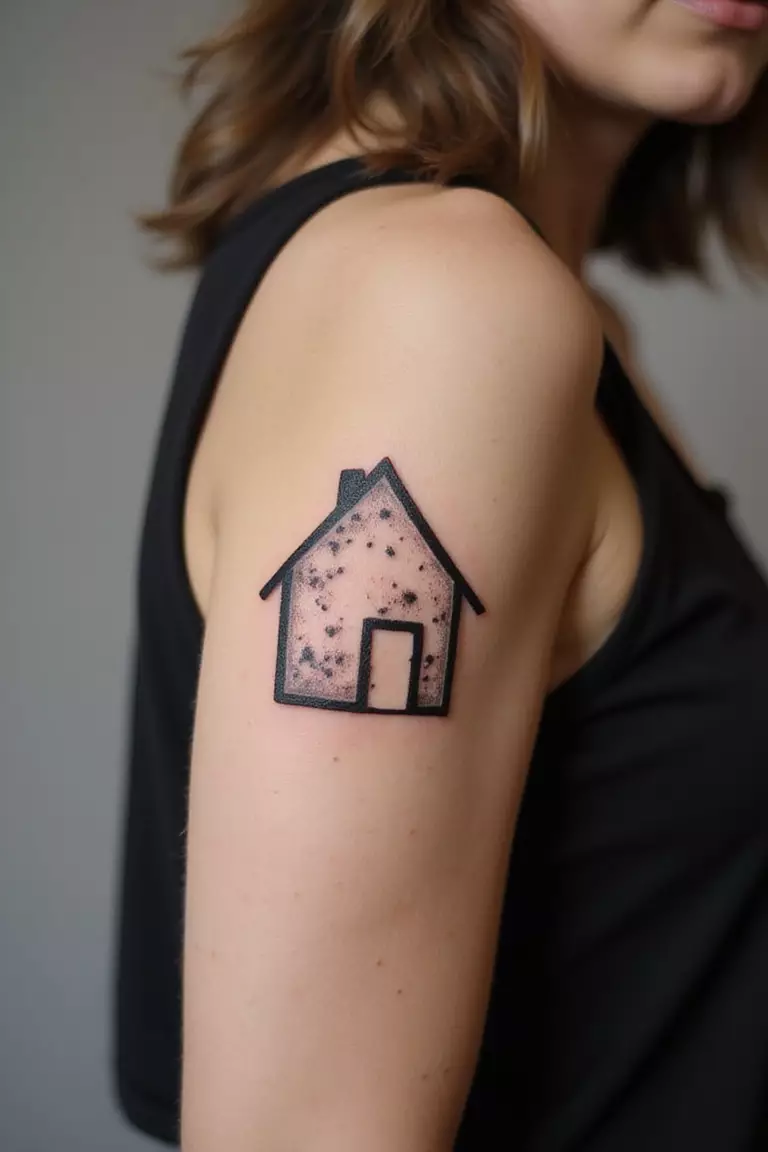 A close-up shot of a woman showing her black ink abstract house shape tattoo on her arm.