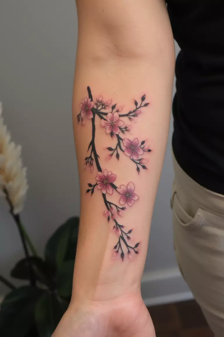 A close up shot of woman's arm with a black ink cherry blossom petals falling gently tattoo  