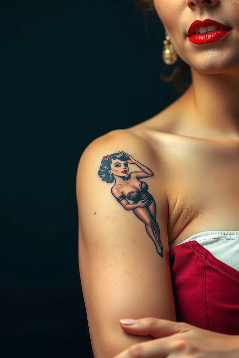 Pin-up Girl A close-up shot of a woman showing her black ink classic 1950s style pin-up girl tattoo design on her arm