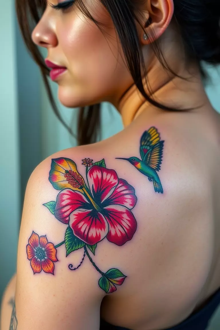 Hibiscus, Butterfly, and Hummingbird Tattoo on Shoulder A photo of a woman with a hibiscus, butterfly, and hummingbird tattoo on her shoulder, in bright colors