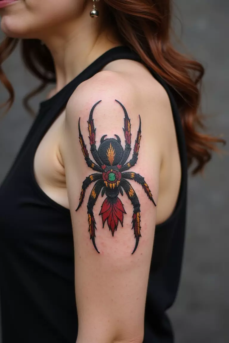 A close-up shot of a woman showing her black ink neo-traditional tarantula tattoo design with bold lines and bright colors on her arm