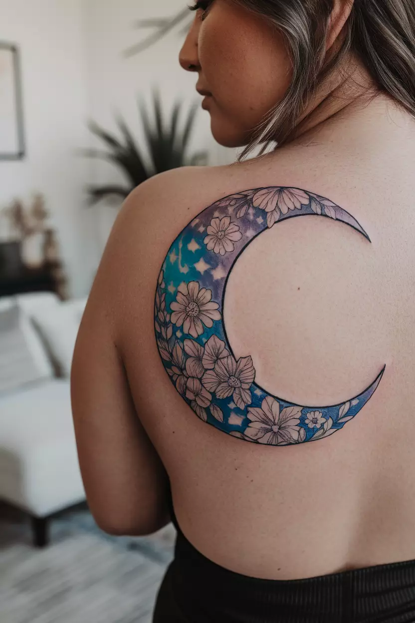 A close-up photo of a woman showing her upper back with a large crescent moon tattoo filled with intricate floral patterns, tattoo design, living room background