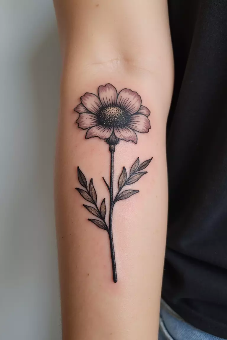 A close-up shot of a woman's arm with a black ink tattoo of a CempasÃºchil (Marigold) flower head in full bloom.