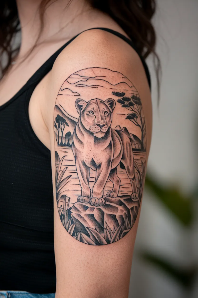 Lioness With African Landscape