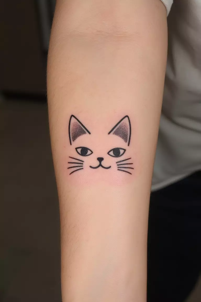 A close up shot of woman's arm with a black ink minimalist Maneki-Neko (Lucky Cat) face tattoo  