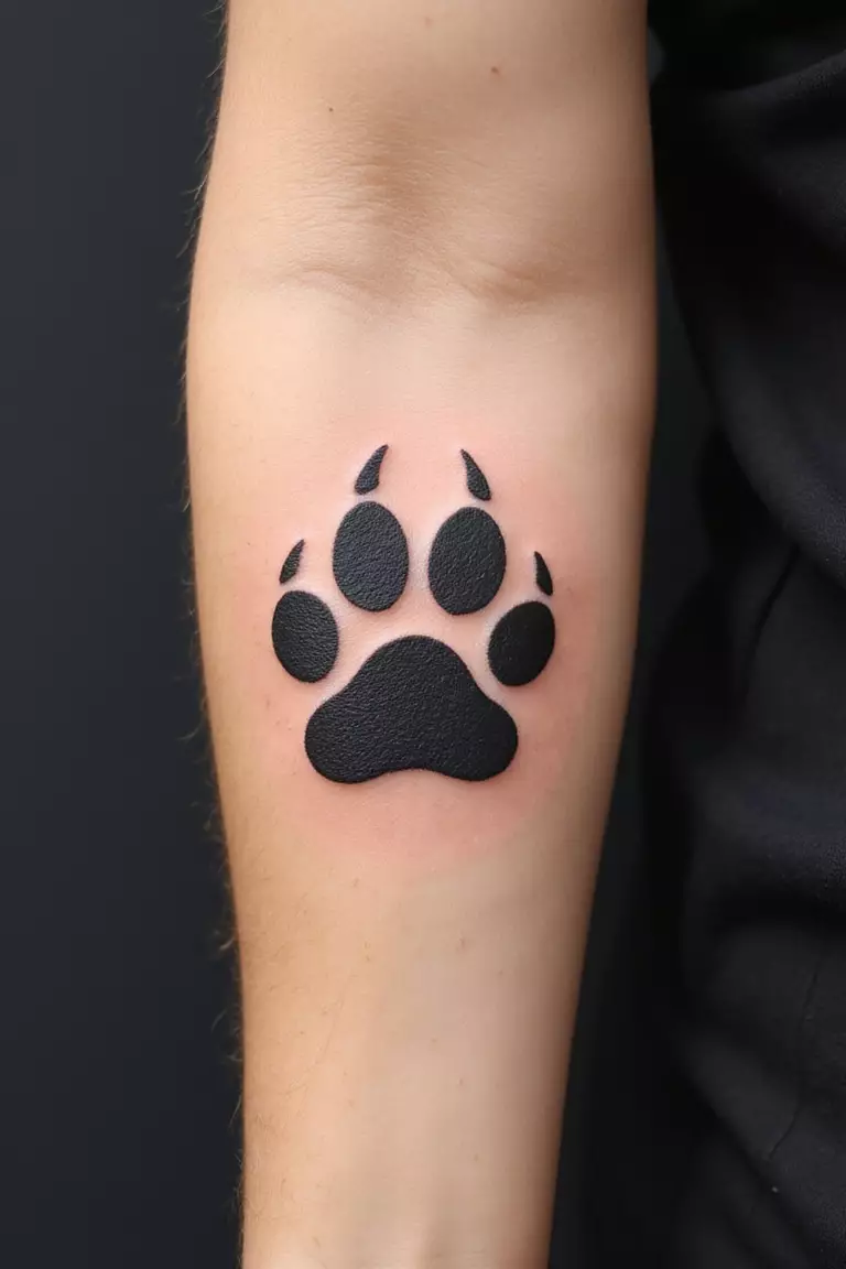 A close-up shot of a woman's arm with a black ink tattoo of a single, bold lion paw print.