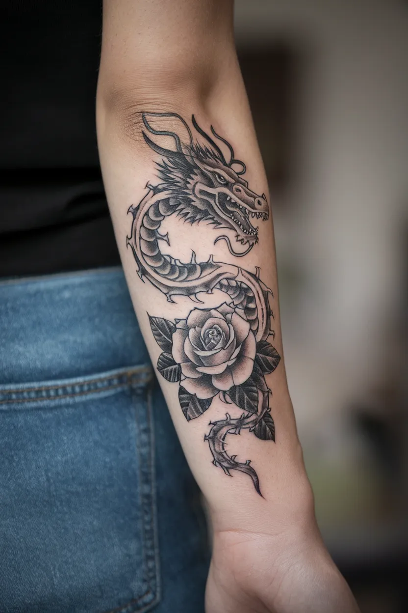 Rose-Wrapped Dragon Forearm Tattoo