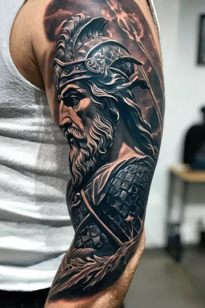 A photo of a man with a sculptural Poseidon men s sleeve tattoo, representing three-dimensional aspects of the deity in art.  