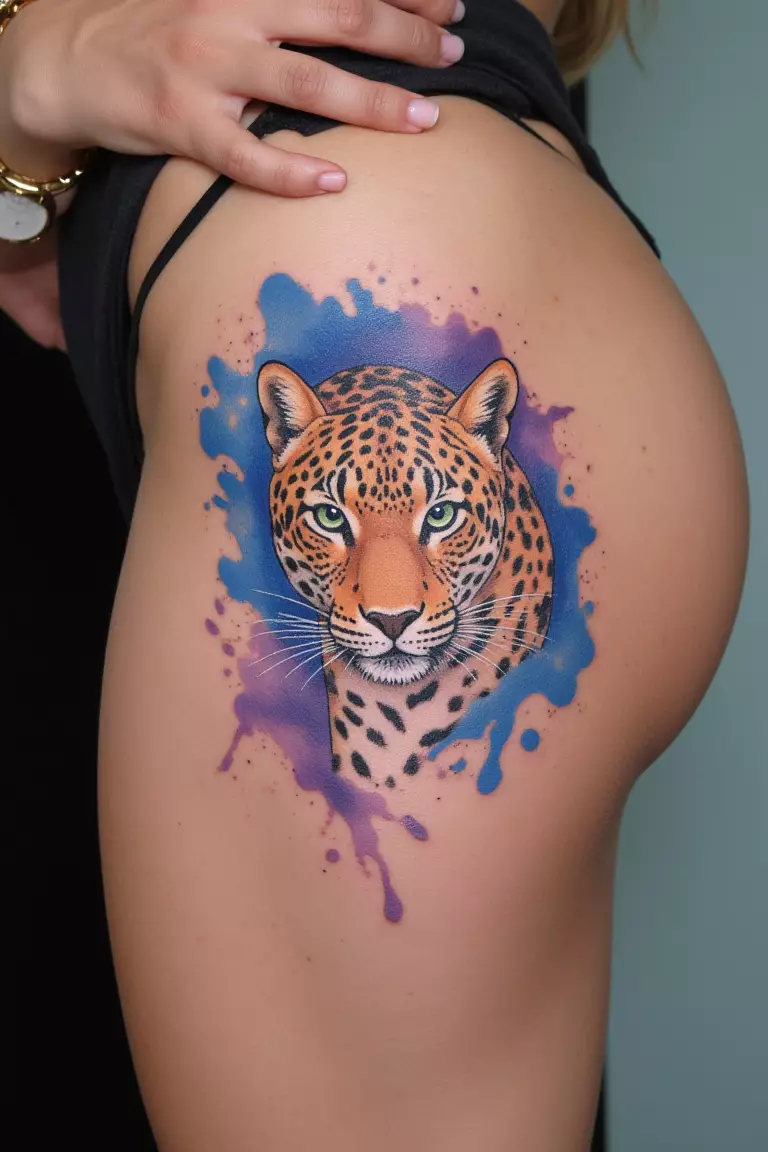 A photo of a woman showing her watercolor-style leopard tattoo on her thigh, with splashes of blues and purples creating a fluid effect