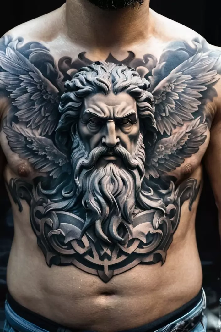 A close-up photo of a man showing his black and gray Zeus chest tattoo, showcasing intricate shading and powerful imagery of Zeus in a classic pose.  