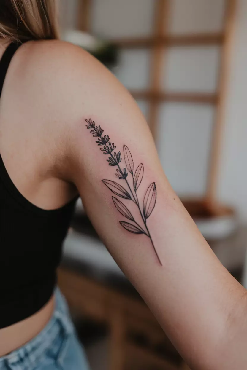 A close up shot of woman's arm with a black and gray lavender tattoo  