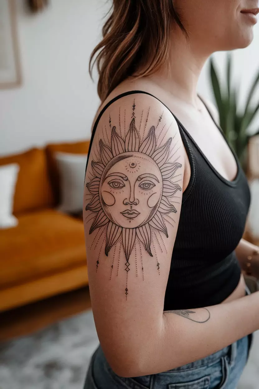 A close-up photo of a woman showing her upper arm with a detailed linework tattoo of the sun and moon with expressive facial features and radiating lines, tattoo design, living room background