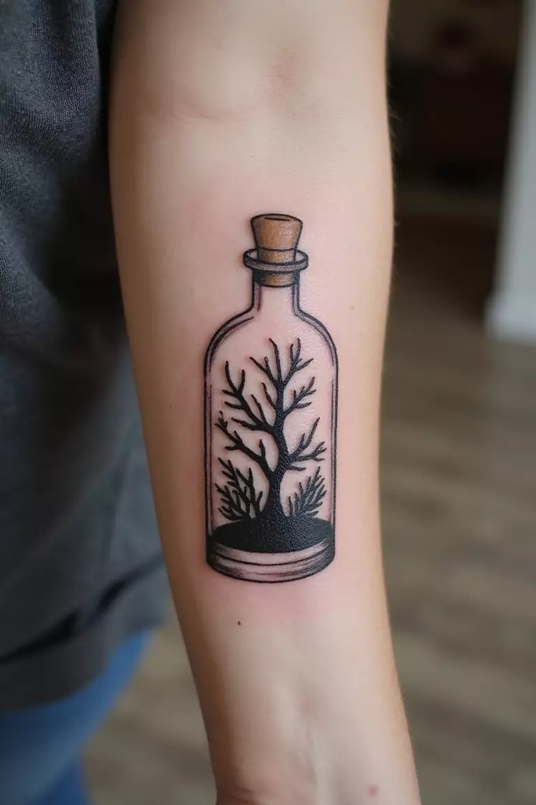 A close-up shot of a woman showing her black ink coral inside a bottle tattoo design on her arm