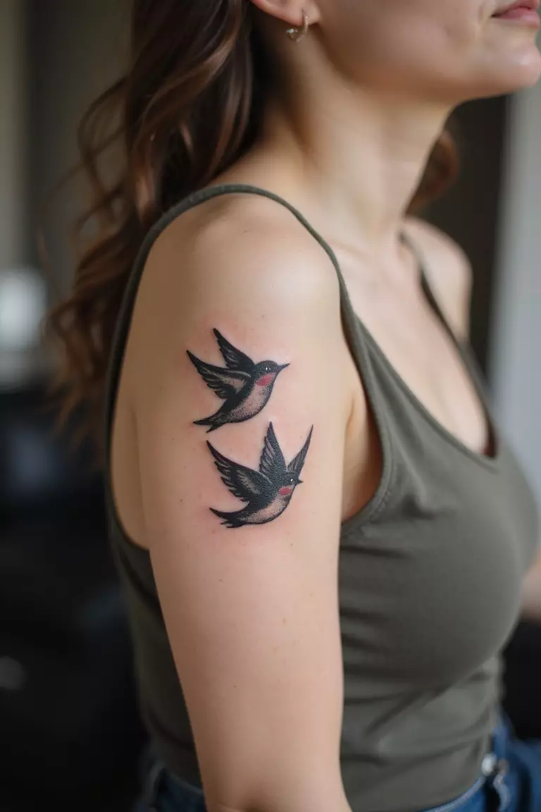 Swallow A close-up shot of a woman showing her black ink two swallow birds tattoo design on her arm
