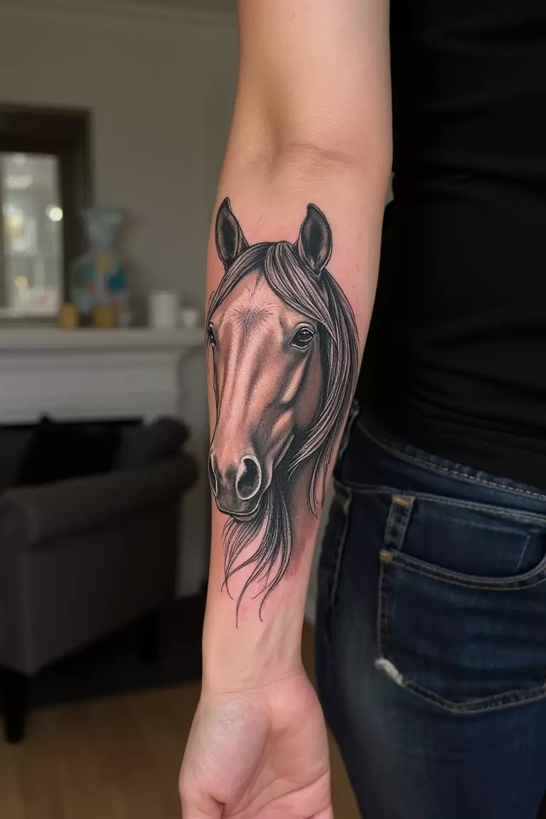 A photo of a woman with an amazing single needle horse portrait forearm tattoo, living room background.