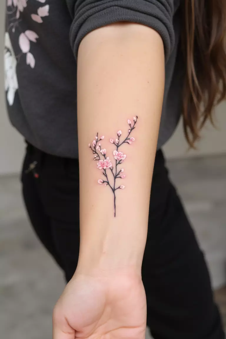A close up shot of woman's arm with a black ink minimalist cherry blossom branch tattoo  