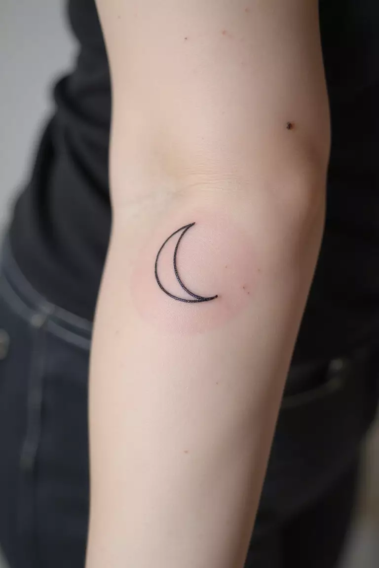 A close-up shot of a woman's arm with a black ink tattoo of a delicate crescent moon outline.