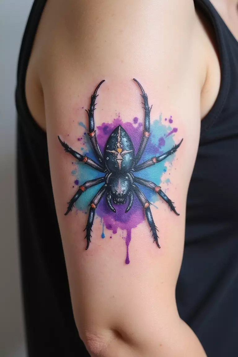 A close-up shot of a woman's arm with a colorful watercolor style tattoo of a spider with vibrant splashes of blue and purple ink blending together.