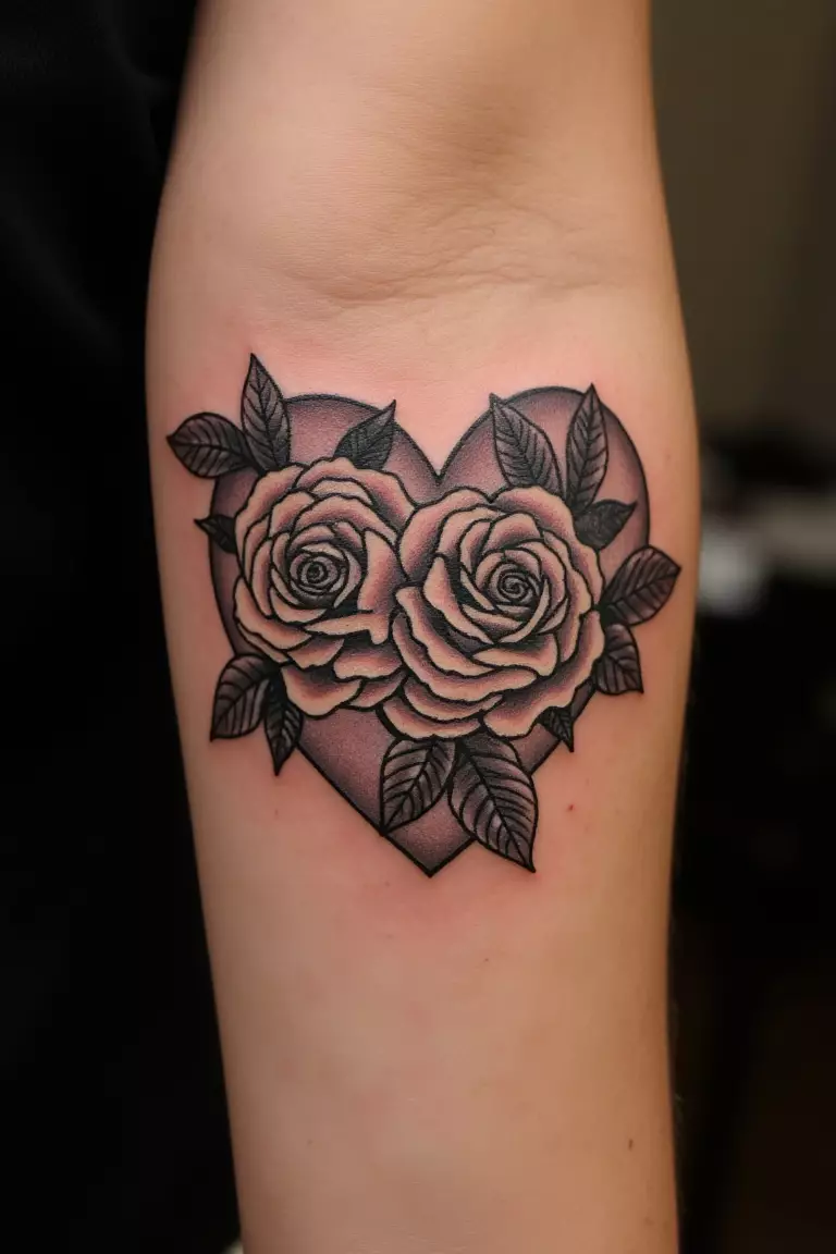A close up shot of woman's arm with a black ink heart with flowers tattoo, roses intertwined with heart shape