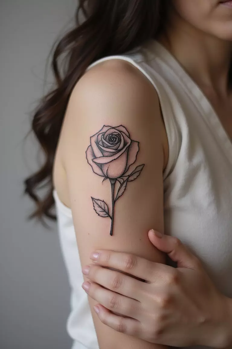 A close-up shot of a woman showing her black ink minimalist outline rose tattoo on her arm.