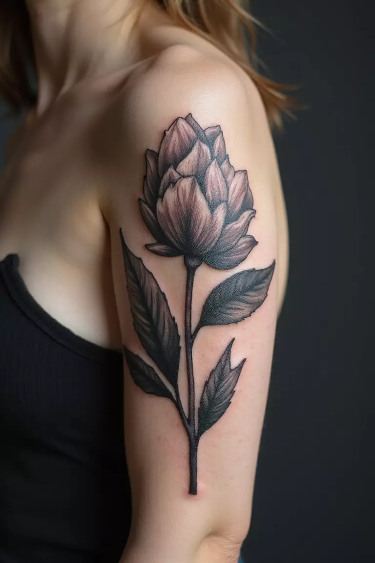A close-up shot of a woman showing her black ink negative space art tattoo design where a flower shape is formed by the un-inked skin within a black background on her arm