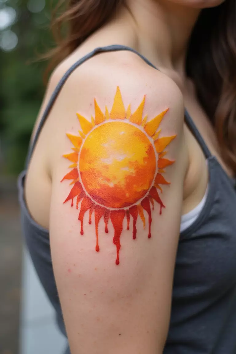 A close-up shot of a woman showing her colorful watercolor sun tattoo with blended yellow, orange, and red splashes resembling paint tattoo design on her arm