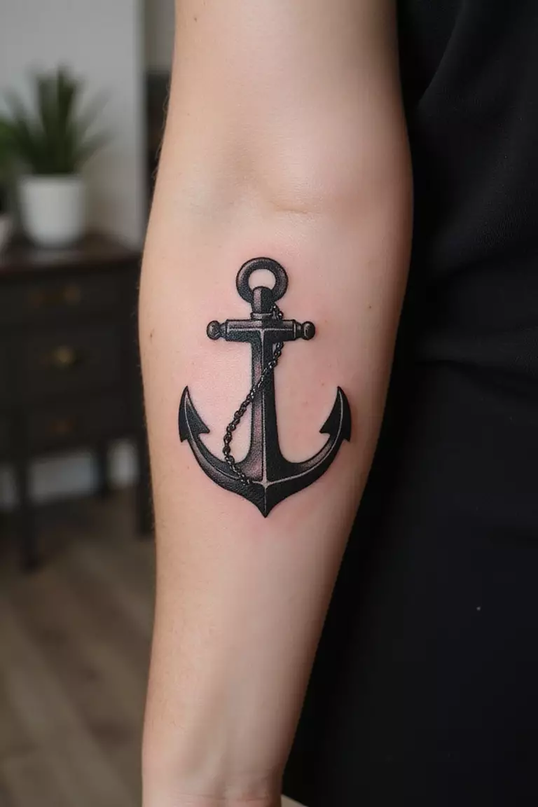 A close-up shot of a woman's arm with a black ink tattoo of a classic ship's anchor.