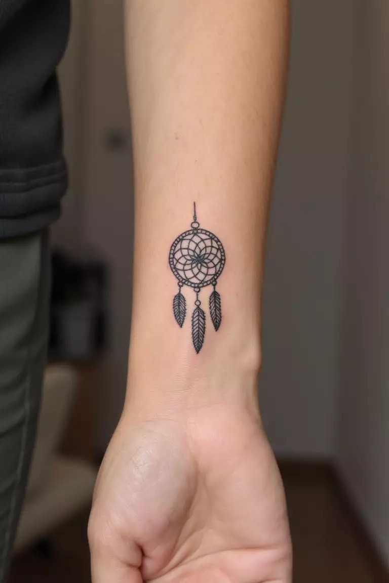 A close up shot of woman's arm with a black ink tiny wrist dreamcatcher tattoo.  