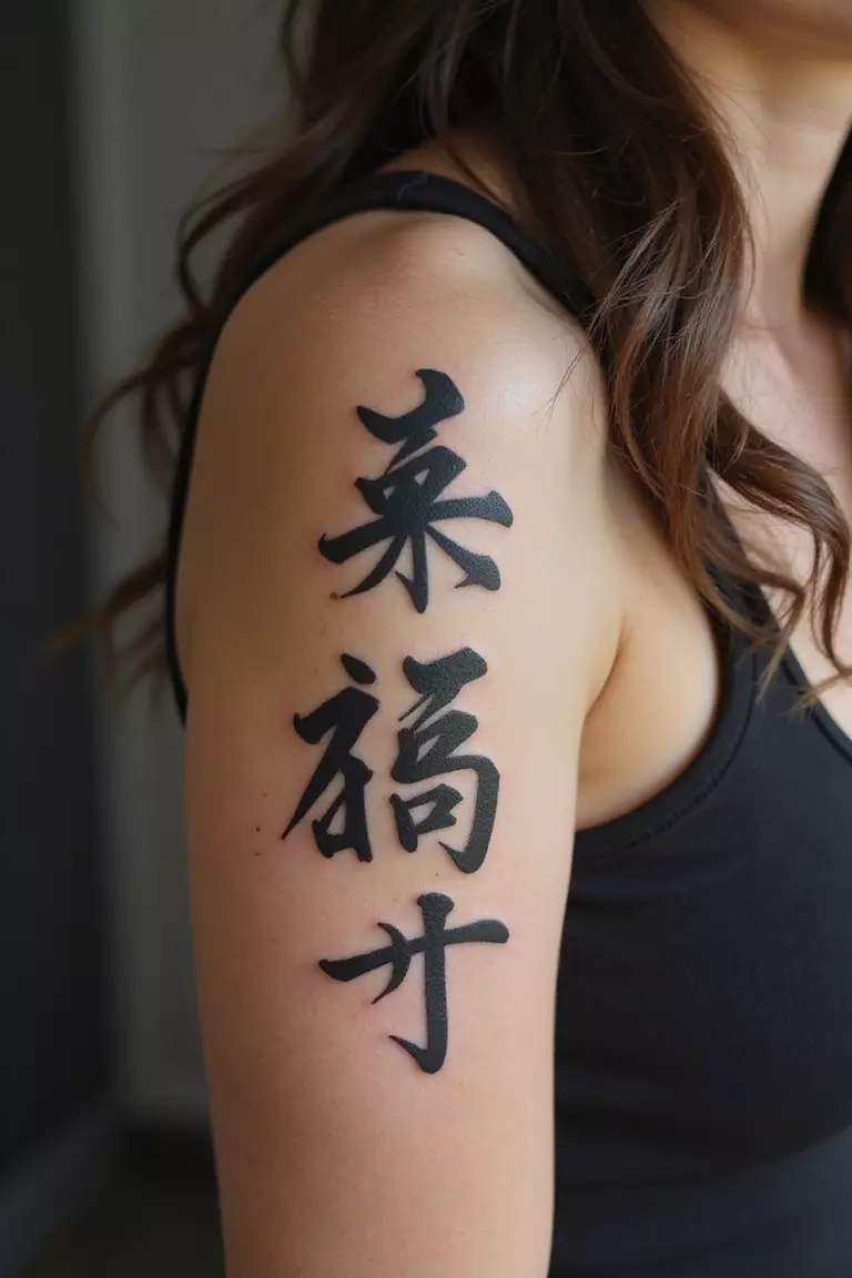 Chinese Characters Or Calligraphy A close-up shot of a woman showing her black ink Chinese Characters Calligraphy tattoo design on her arm