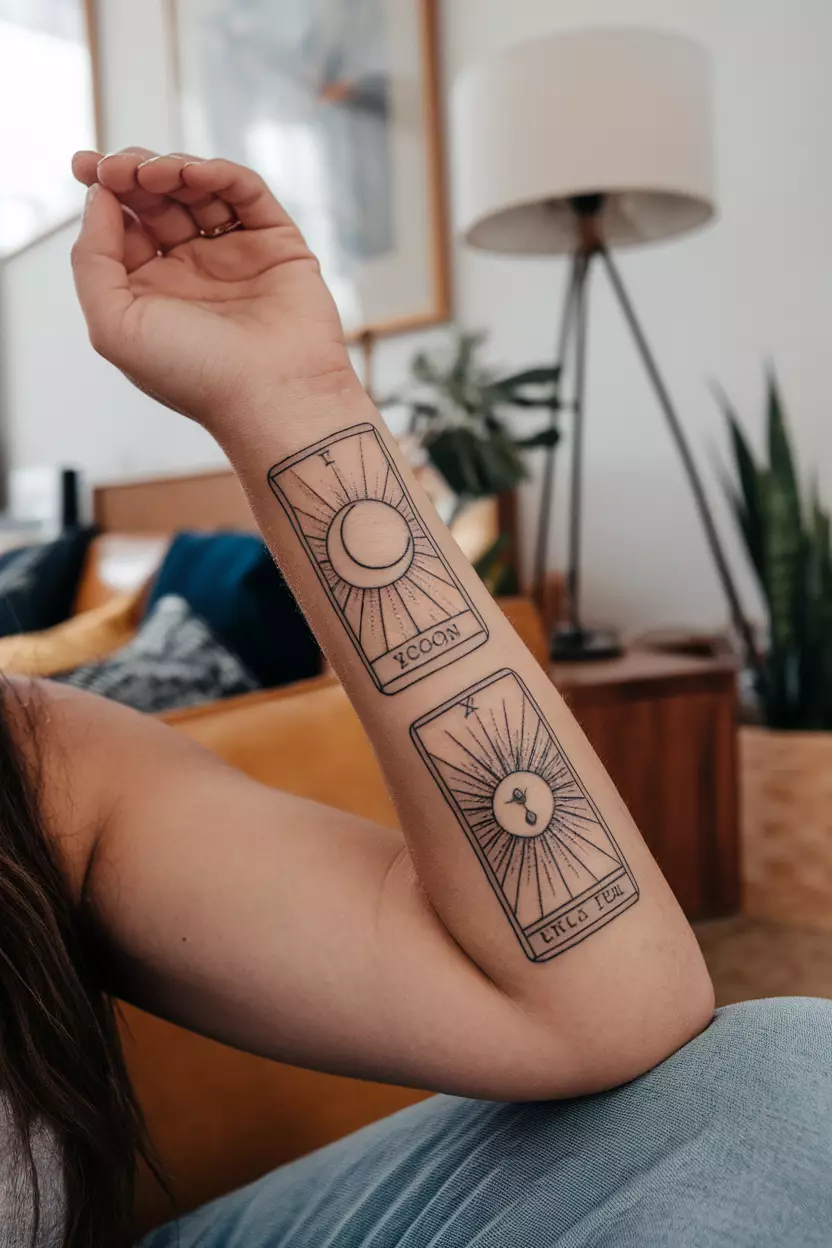 A close-up photo of a woman showing her arm with two fineline tattoos of tarot cards depicting The Moon and The Sun, with a vintage worn look, tattoo design, living room background