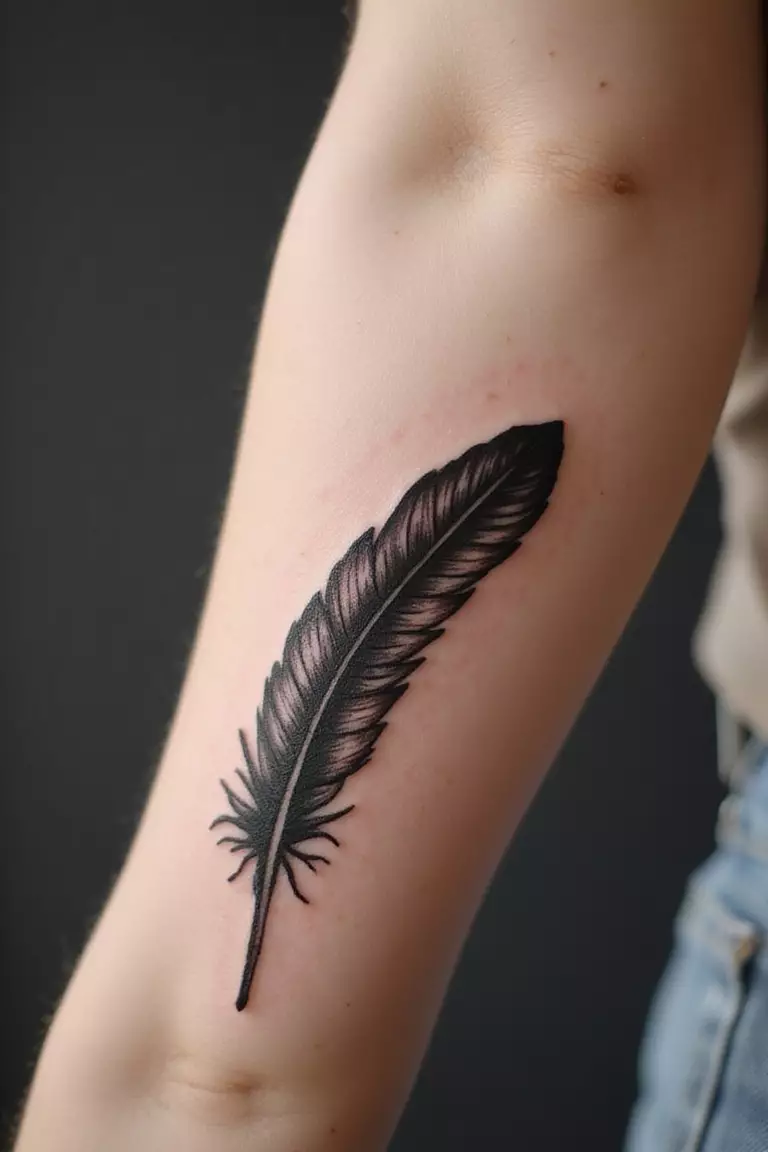 Feather A close-up shot of a woman's arm with a black ink tattoo of a single, detailed bird feather.
