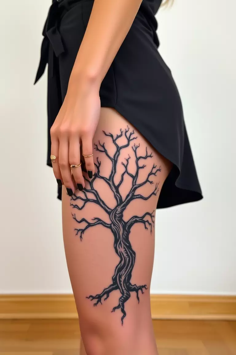 A photo of a dressed woman with a large poison tree tattoo on her thigh.