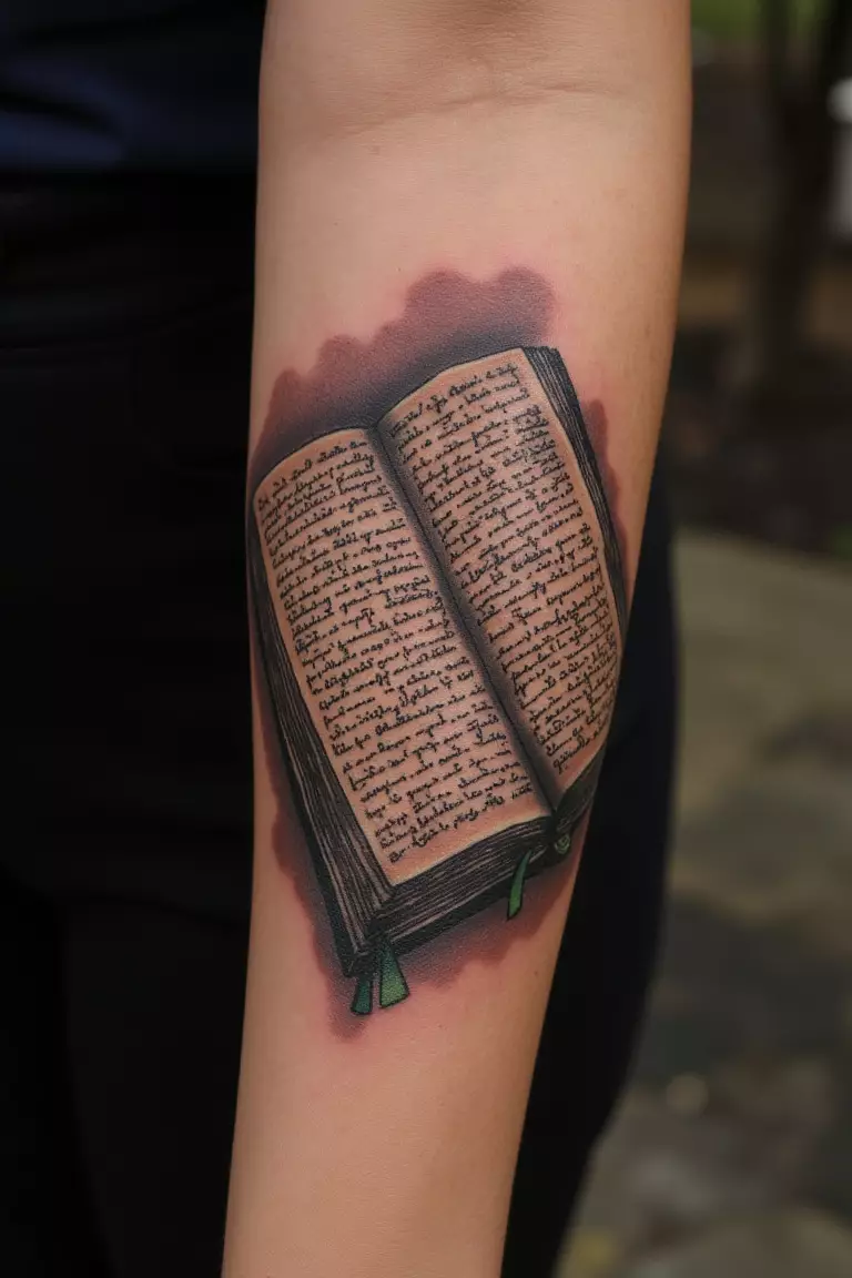 A close up shot of woman's arm with a black ink tattoo of a detailed book with ancient script.