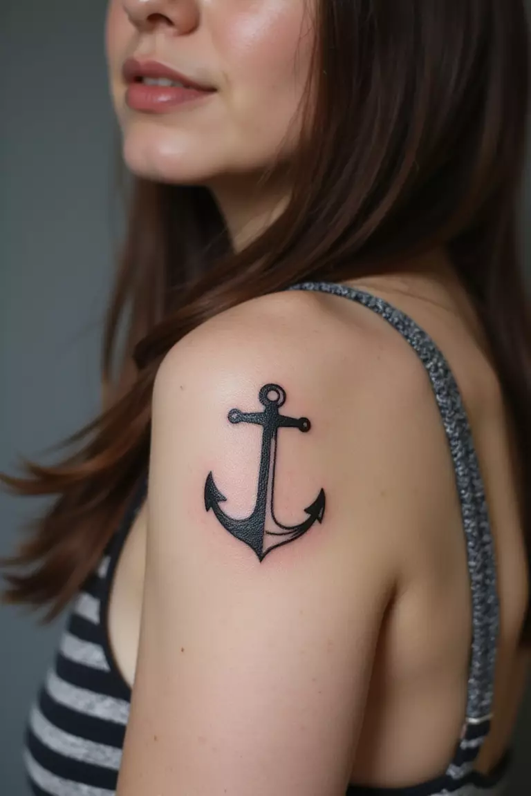 A close-up shot of a woman showing her black ink tiny anchor tattoo design on her arm