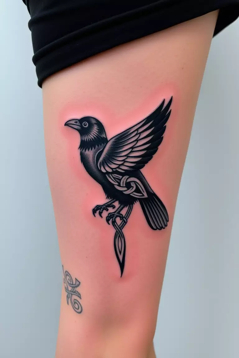 A photo of a woman with a Celtic knot crow tattoo on her lower leg, featuring interwoven patterns and cultural heritage.  