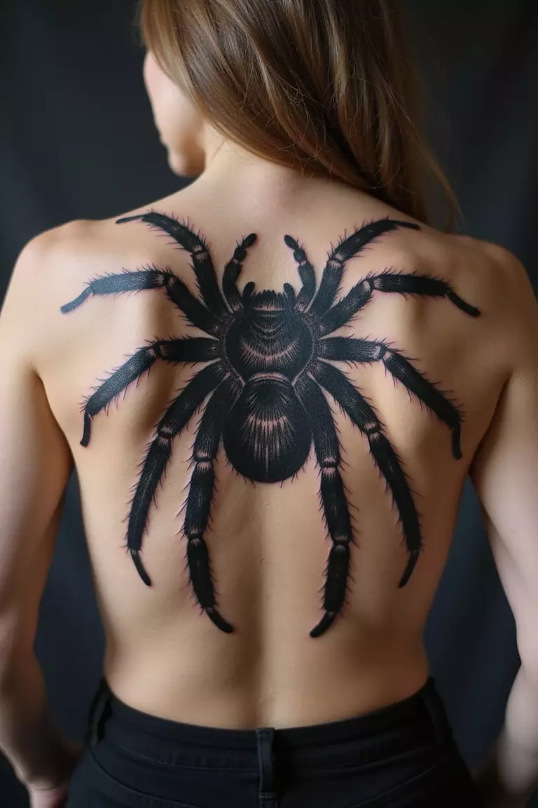 A close-up shot of a woman showing her black ink large, imposing tarantula tattoo design covering her upper back