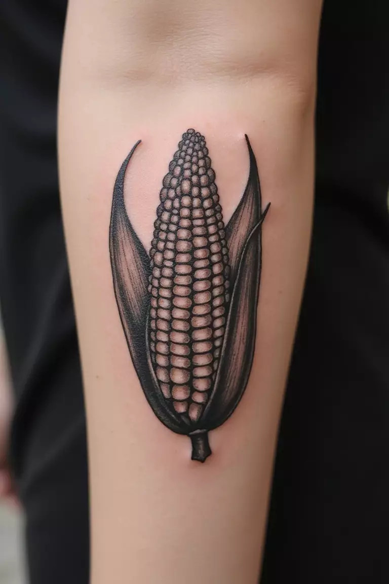 A close-up shot of a woman's arm with a black ink tattoo of an ear of corn (Maize) with husks partially open.