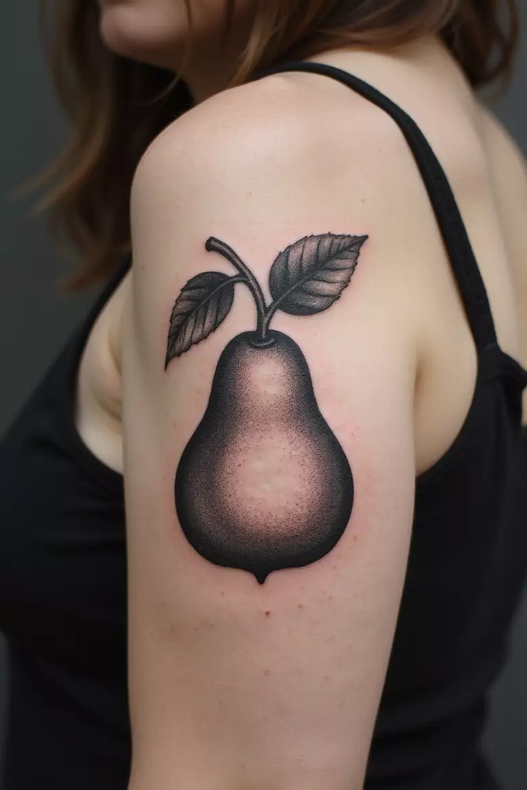 A close-up shot of a woman showing her black ink elegant pear tattoo on her arm