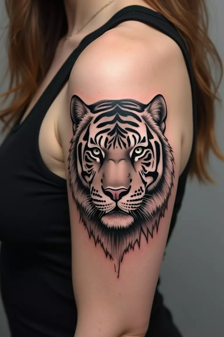 Traditional Style Tiger A close-up shot of a woman's arm with a black ink tattoo of a tiger in the classic American traditional style with bold lines and simple shading.