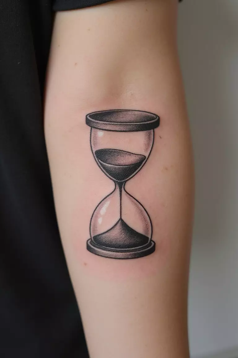 A close-up shot of a woman's arm with a black ink tattoo of an hourglass.