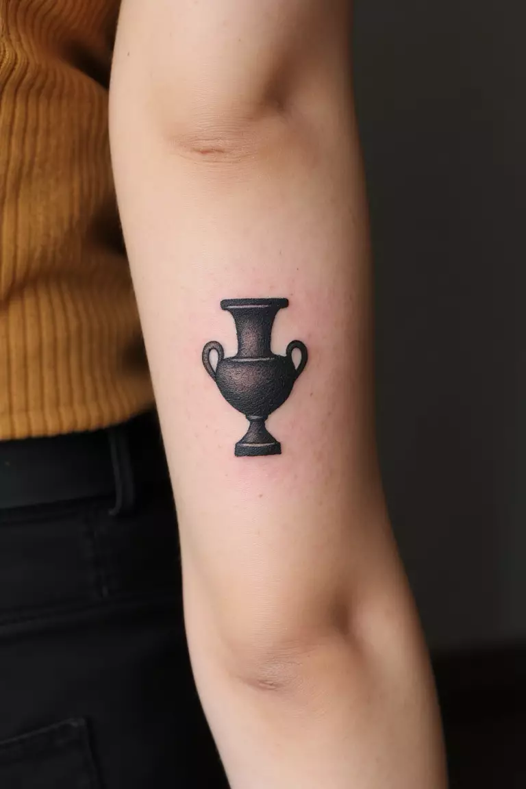 A close up shot of woman's arm with a black ink tattoo depicting a minimalist ancient Greek pottery urn, elegant cultural symbol.